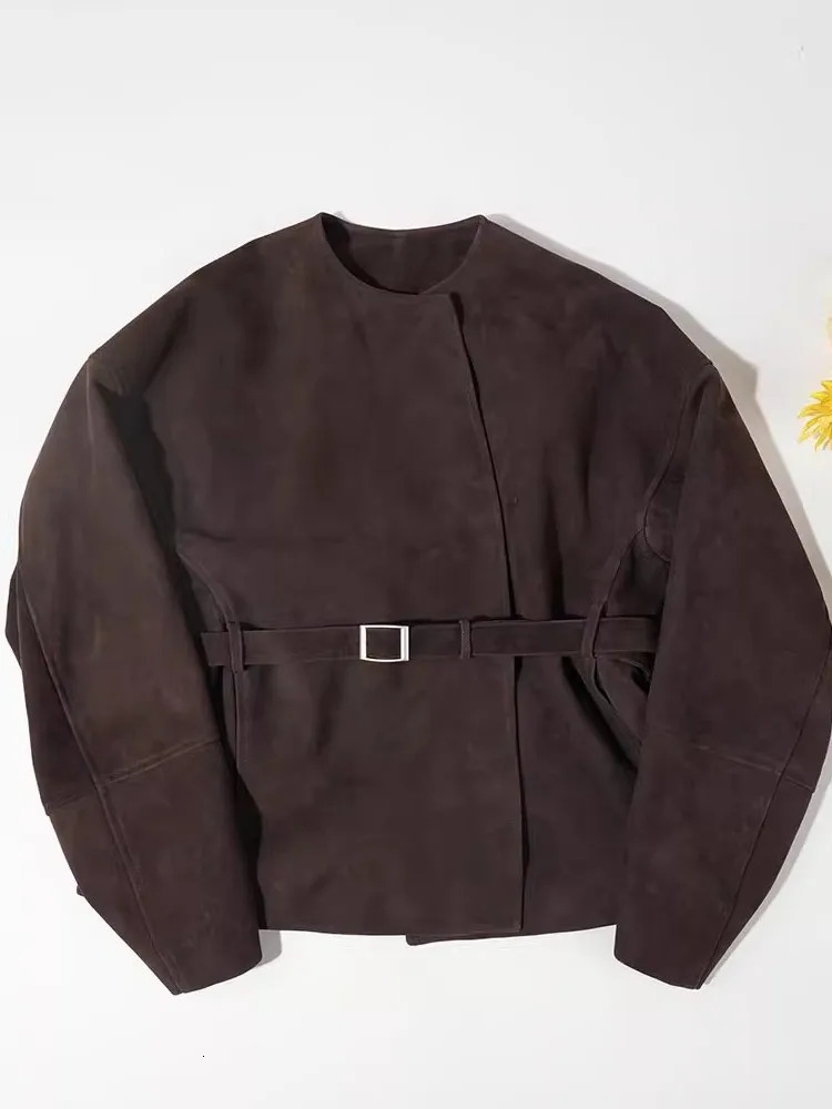 Autumn Womens Cashmere Leather Jacket with O-neck Office Womens Work Jacket Retro High Quality Genuine Leather Jacket 241023