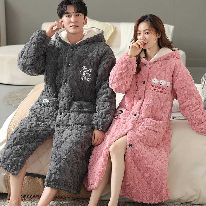 Thick 3-layer warm winter bathroom couple soft flannel bedding long kimono bathrobe womens dress mens coral Fce robe W241023