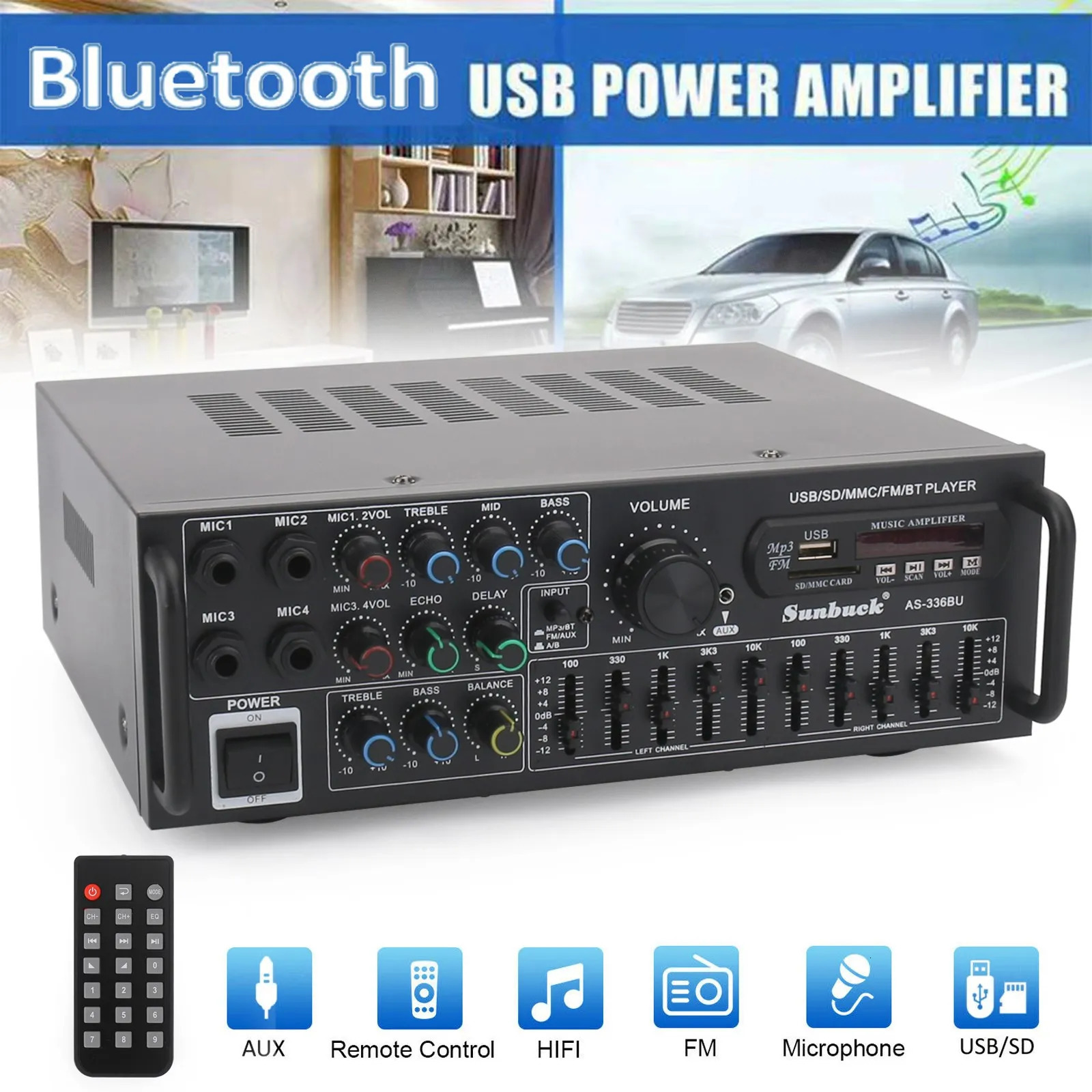 Artudatech Bluetooth 50 HiFi Sunbuck 2000W Stereo Power Amplifier Karaoke FM USB SD AUX 241022