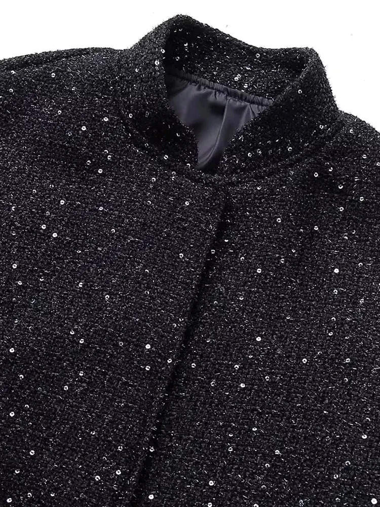 Nlzgmsj womens shiny sequin jacket Y2k gold stand collar long sleeved short sleeved jacket autumn and winter womens high street clothing 241022