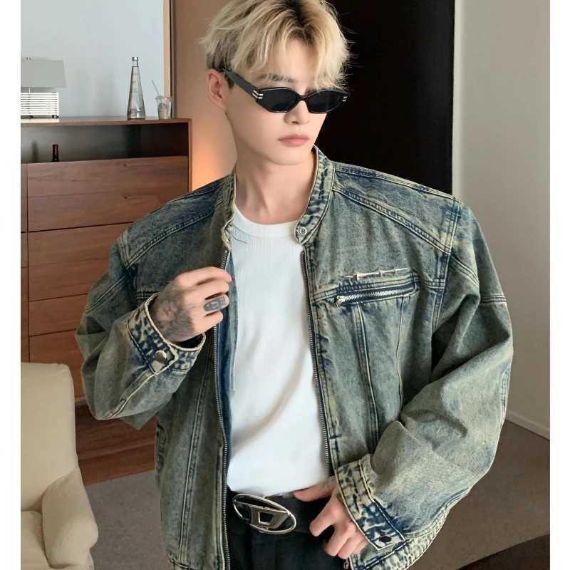 Motorcycle washed denim jacket mens Strt hip-hop metal design Distressed Coat zipper pocket loose denim jacket unisex X241023