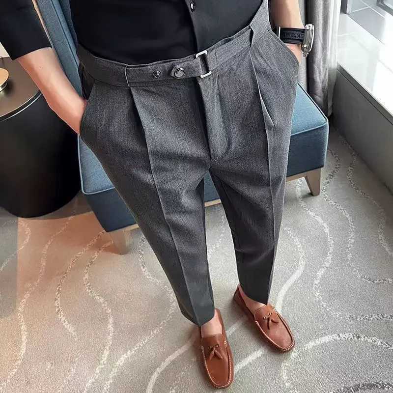 Draped with Belt Man Suits Pants Gray Fluid Trousers for Men Elegant Work Wear Fashion Vintage New in Slacks Tailoring Fabric UpX241023