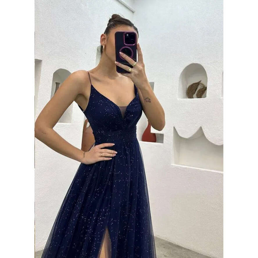 Navy Blue Sequined Reflective Evening Dresses Sexy Backless A E Spaghetti Straps Split Women Ocn Party Prom Gowns Plus Size Bc18588