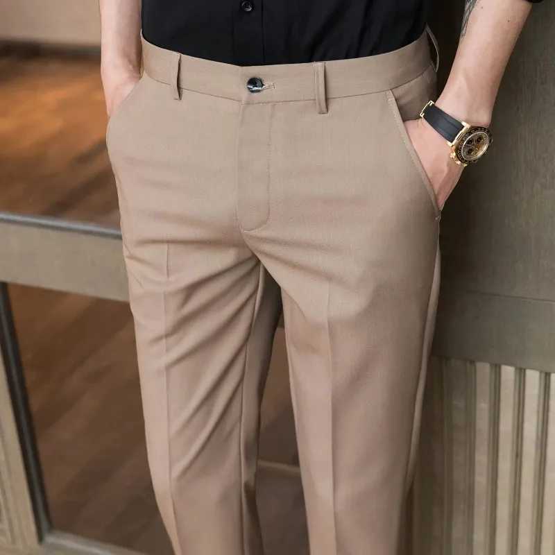 Slim Fit Elastic Draped 9 Cropped Fluid Social Tailoring Mens Summer Pants Business Male Suit Trousers Tressed Stretch ElegantX241023