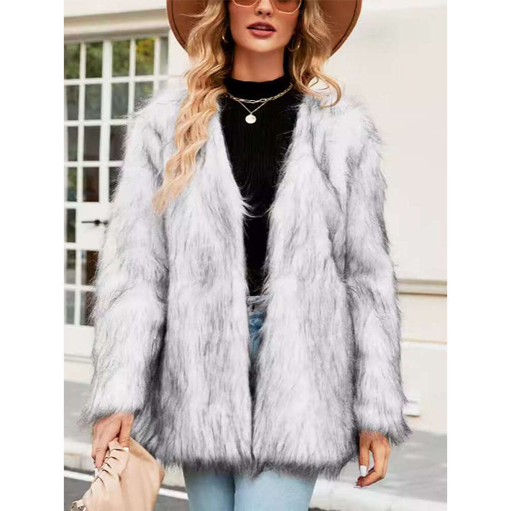 Fashion Faux Fur Coat Women Elegant Turn Down Collar Female Medium Long Coats 2024 Winter Warmer New High Street Ladies Jacket