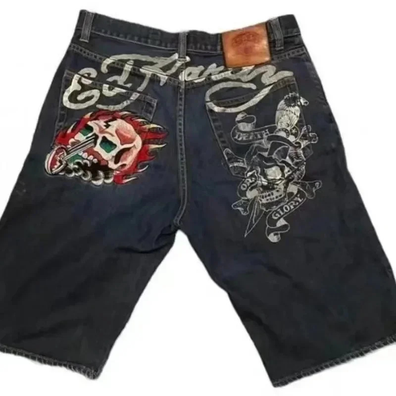 90s pocket shorts mens fashion letter denim shorts retro Harajuku hip-hop gothic punk gothic wide leg pants street wear 241019