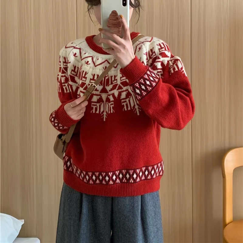 Autumn Winter Christmas Knitted Thick Sweater Women Loose Oneck Pullover Vintage Fashion Knitwear Tops 241021