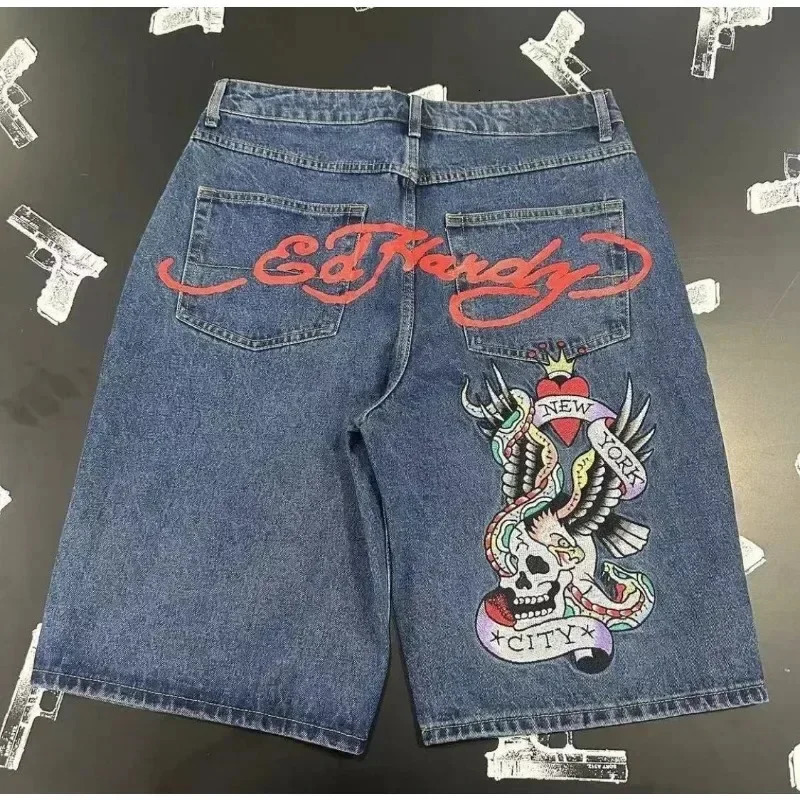 90s pocket shorts mens fashion letter denim shorts retro Harajuku hip-hop gothic punk gothic wide leg pants street wear 241019
