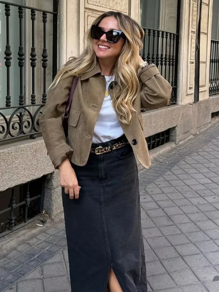 Y2K TRAF Retro Suede Womens Jacket Autumn Chic Swinging Door Collar Double Pocket Jacket Womens Long Sleeve Jacket 241023