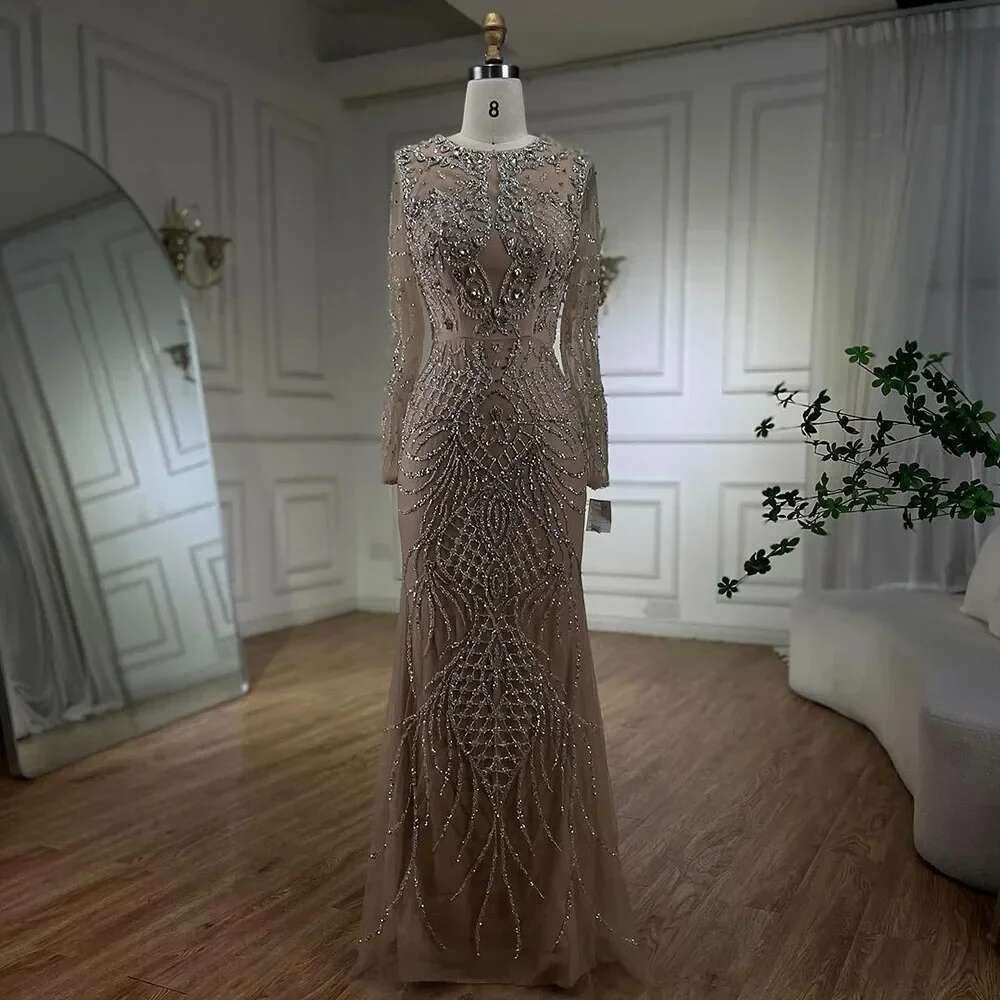 Muslim Serene Hill Sier Nude Mermaid Gown With Detachable Overskirt Beaded Evening Dress For Women Party 2024