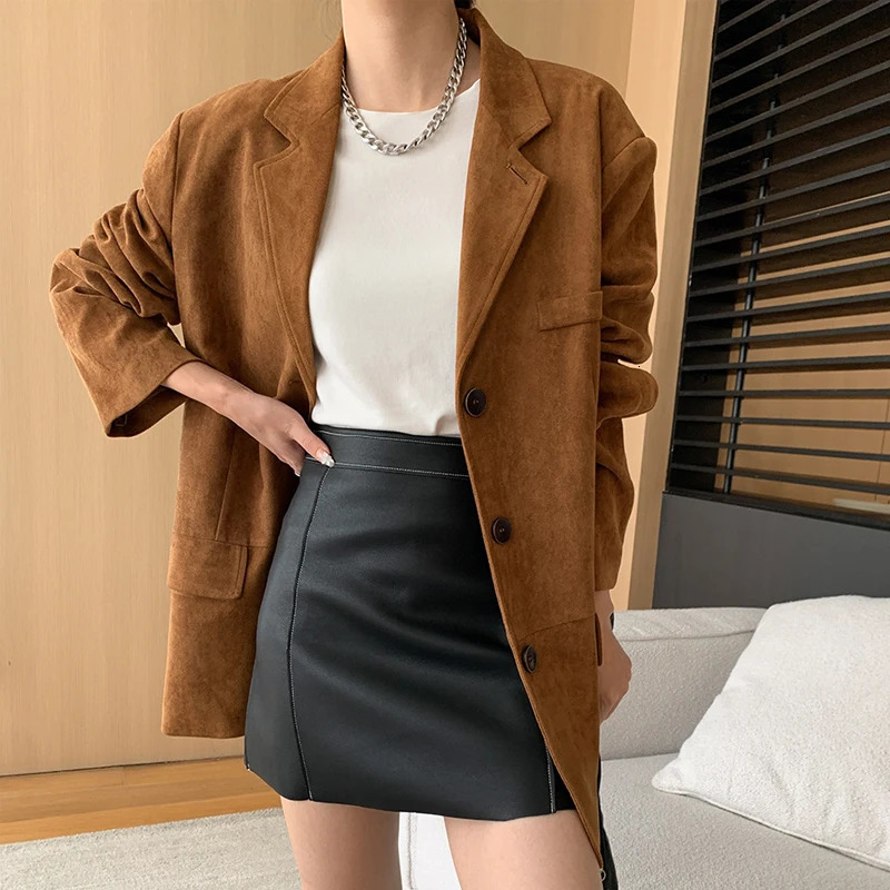 Autumn Womens Jacket Flip Collar Long Sleeve Suede Top Womens Jacket Single Button Top 241023