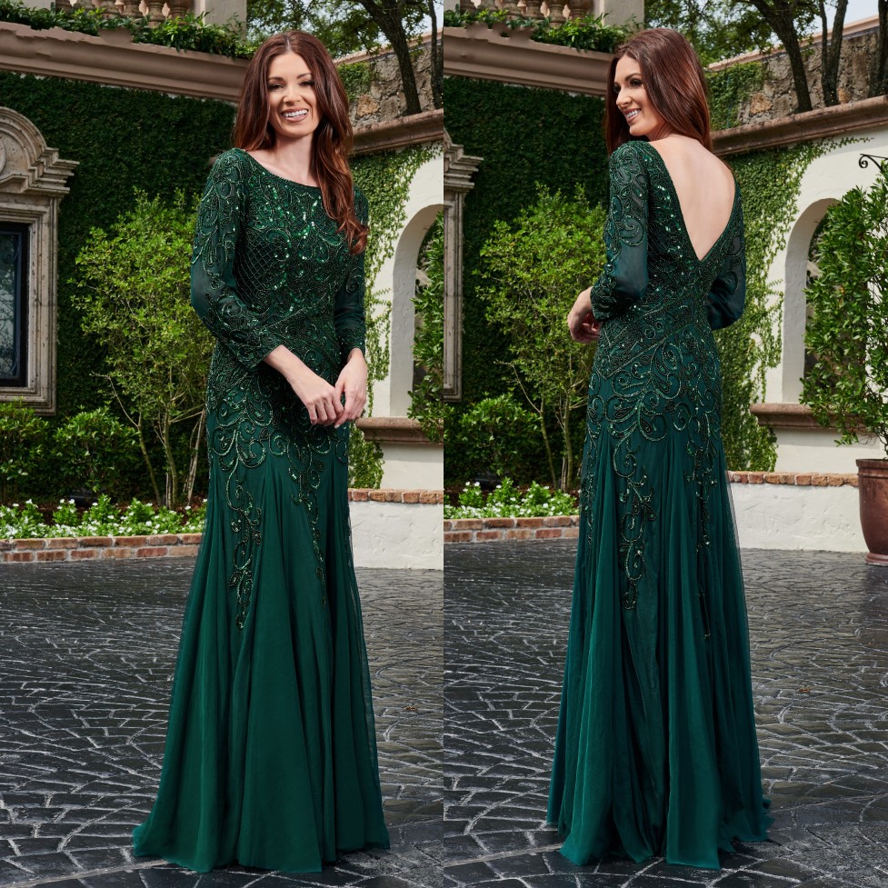 Mermaid Beading Mother Of The Bride Dresses Sequined Backless Wedding Guest Dress Long Sleeves Plus Size Tulle Evening Gowns