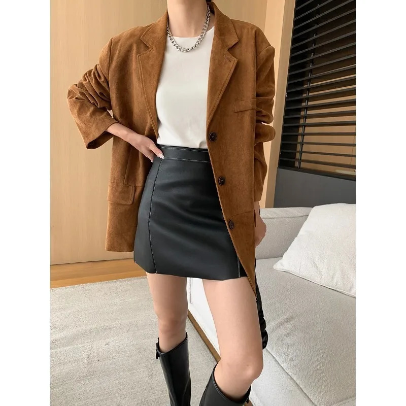 Brown synthetic suede jacket womens autumn oversized jacket autumn dress jacket work office 241023