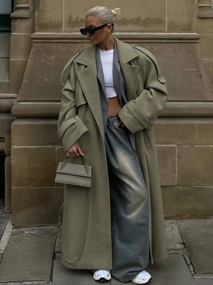 Retro single chest lapel long coat womens casual loose solid wool coat with pockets womens winter chic street coat 241023