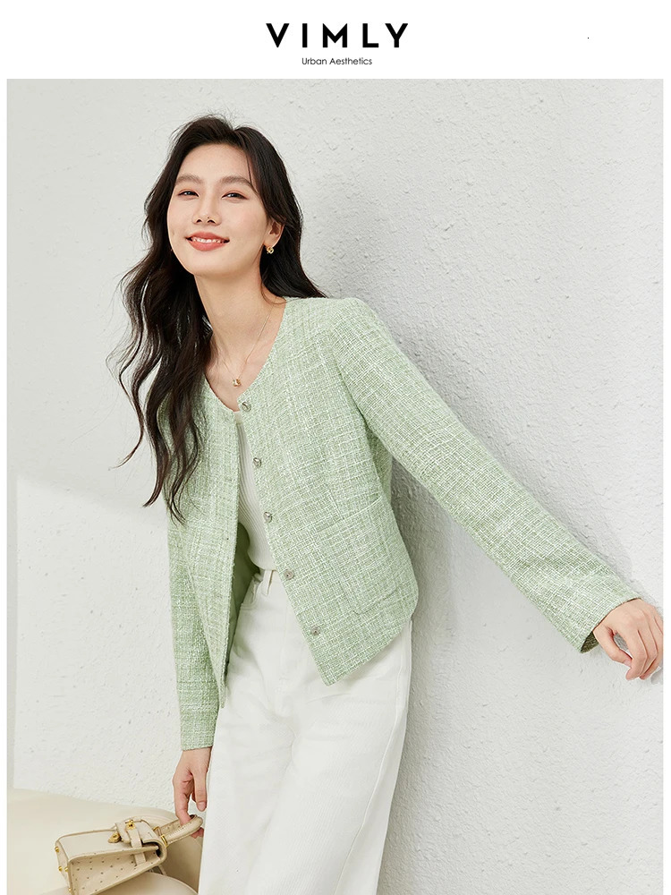 Vimly elegant cut tweed red jacket womens spring coat O-neck single chest long sleeved womens coat M6103 241023