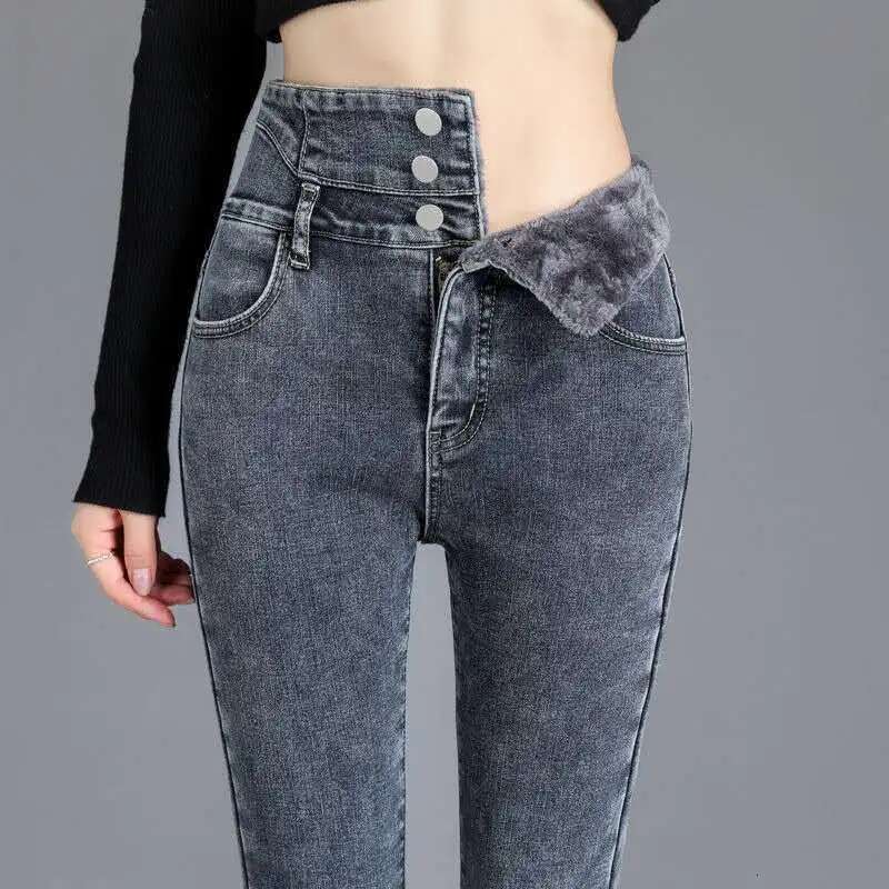 New Winter Thick Veet Women High Waist Skinny Jeans Simple Fleece Warm Slim Fit Stretch Ladies Casual Denim Mom Pencil Pants