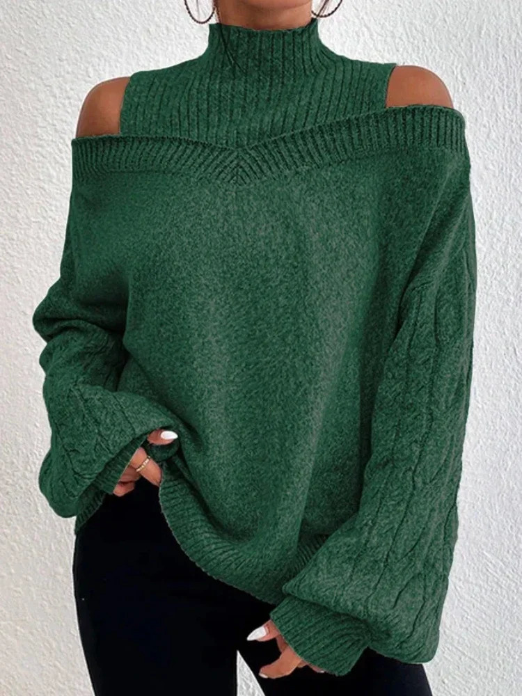Winter Fashion Womens High Neck Knitted Pullover Loose Elastic Wool Top Off Shoulder Elegant Street Style Sweater