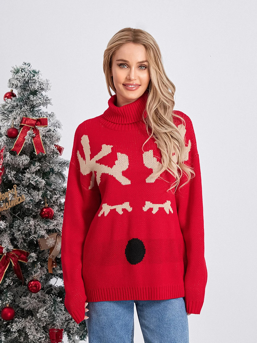 Women s Christmas Sweaters Long Sleeve Turtleneck Elk Print Pullovers Casual Knit Tops 241021