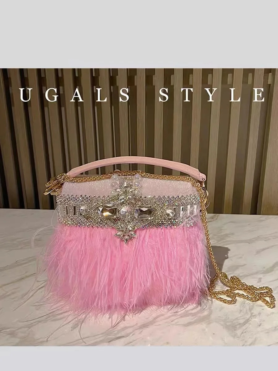 Ostrich Hair Velvet Bag Crystal Water Diamond Evening Bag Womens Handbag Wedding Party Clutch Wallet Cross Body Bag 241023