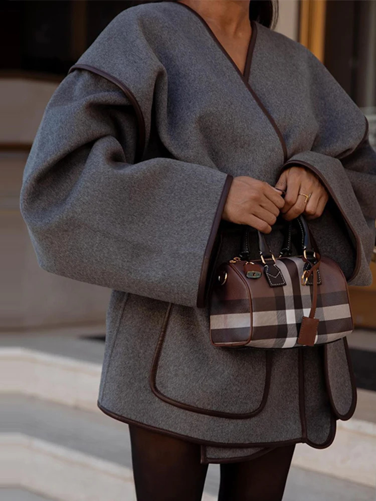 Retro grey womens jacket with casual loose V-neck cardigan jacket fashion windproof womens jacket solid color jacket 241007bj