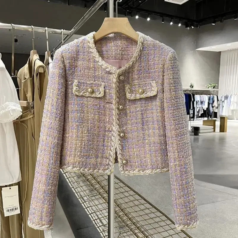 Elegant purple pink tweed style womens jacket winter round neck social style Western clothing set 241023