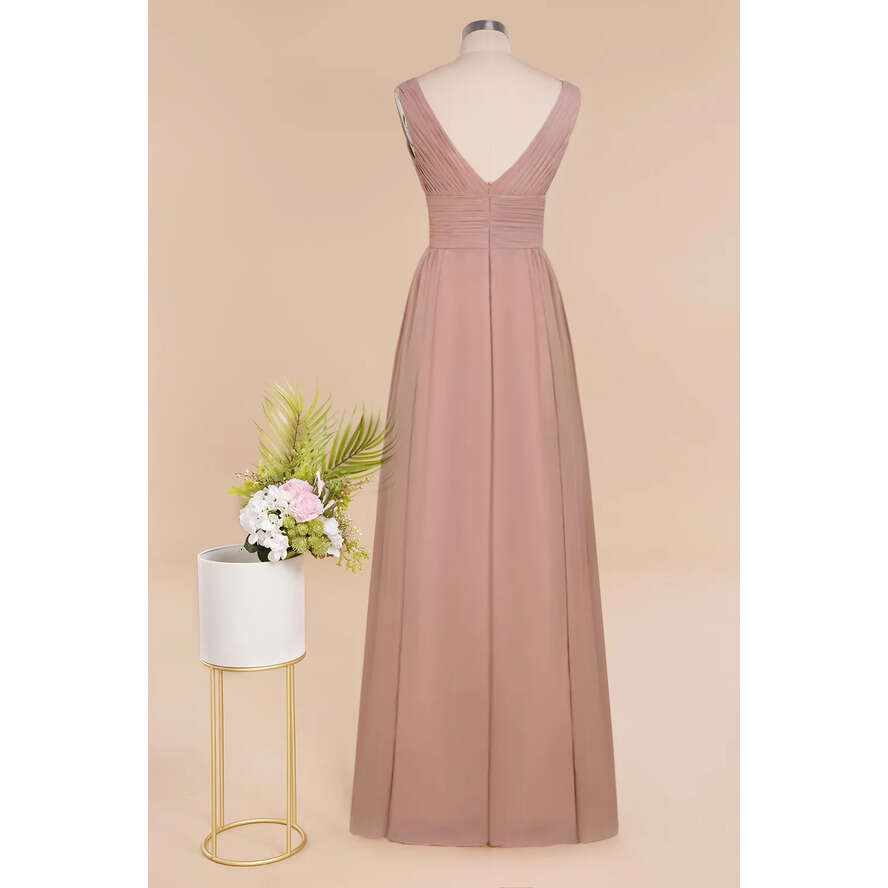 Chiffon Bridmesaid Pink Dusty Dresses Designer A E V Neck Pleats Long Summer Garden Bohemian Wedding Guest Maid Of Honor Gowns Custom Made Bm0752