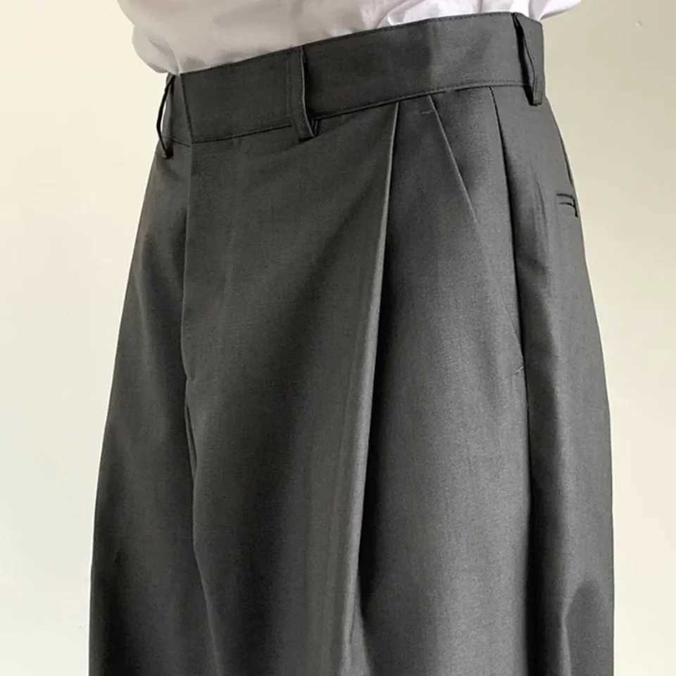 Mens Solid Baggy Fold Straight Wide Leg Grey Suit Pants Fashion Vintage Trousers Mens Clothing Cargo Pants Handsome SweatpantsX241023