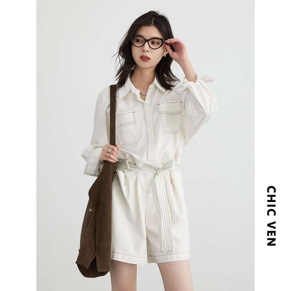CHIC VEN Women's Jumpsuits Loose Bright E Straight Female Rompers With Waist Belt Summer 2024
