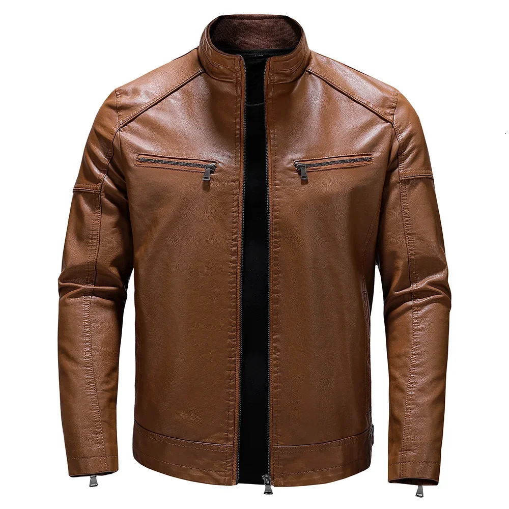Mens Autumn/Winter Mens PU Leather Jacket Short Stand Collar Motorcycle Leather Jacket 241023