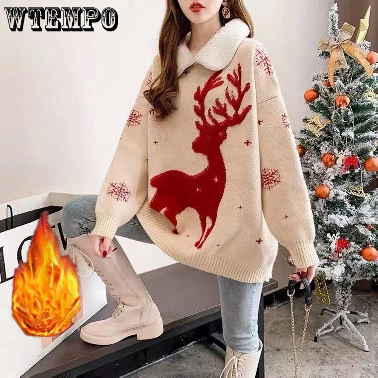 WTEMPO Womens Long Sleeve Drop Shoulder Christmas Sweater Fleece Lined Knitted Jumper Turn Down Collar Deer Snowflake Knitwear 241021