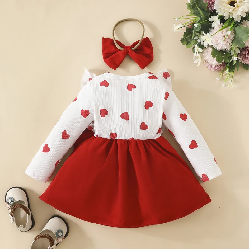 Autumn Princess Baby Girl 2PCS Spring Set Long Sleeve Heart Printed Side Bow Dress Headband Set for Preschool Clothing 241022