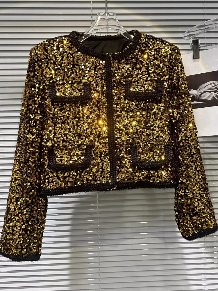 sparkling sequin short jacket for women French gold single chest coarse tweed woven set Casaco jacket 241023