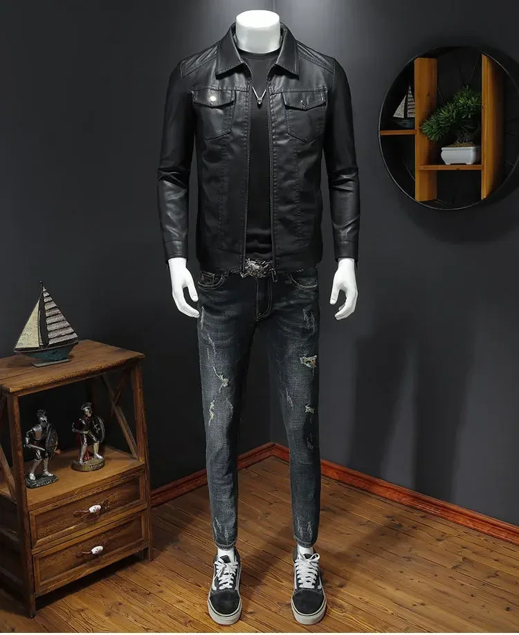 Mens Leather Jacket Autumn/Winter Korean Edition Slim Trend Velvet Thick Area Jacket Mens Leather Jacket 241023