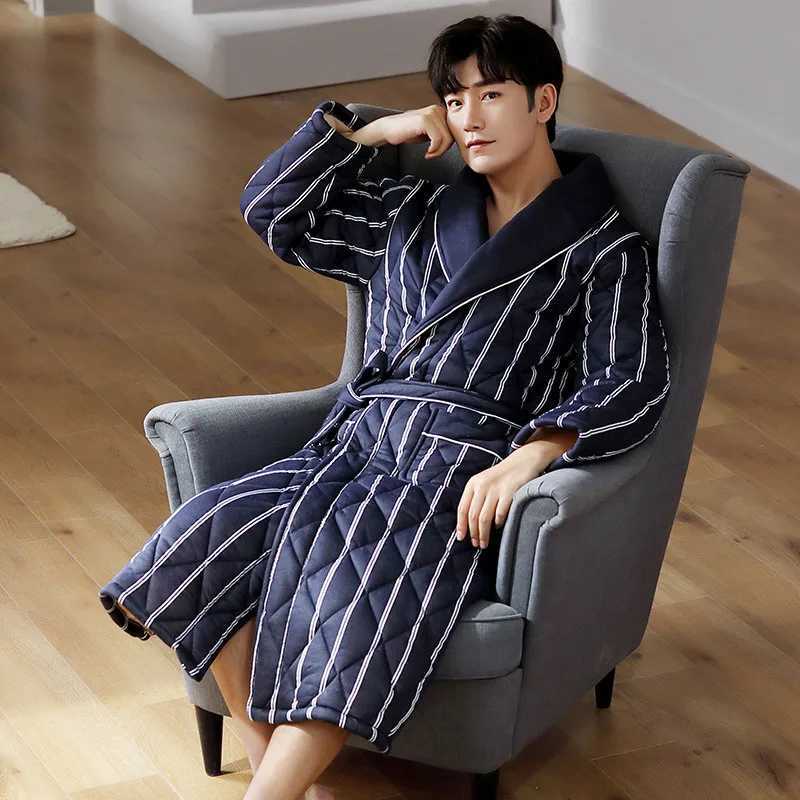 Winter Warm Bathrobe Mens Thick Bathrobe Japan South Korea Pure Cotton Bathrobe Striped Checkered Evening Dress W241023