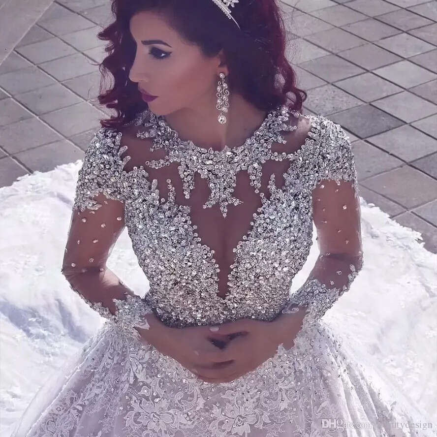 Beadings Arabic Moring Dubai Ball Gown Dresses Sheer Jewel Neck Illusion Long Sleeve Beaded Crystals Vestidos De Noiva Wedding Gowns s