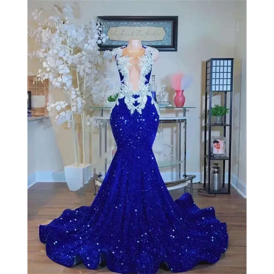 Royal Blue Mermaid Sparkly Prom Crystal Rhies Graduation Party Dress Evening Gowns Robe De Bal Custom Made Bc16618