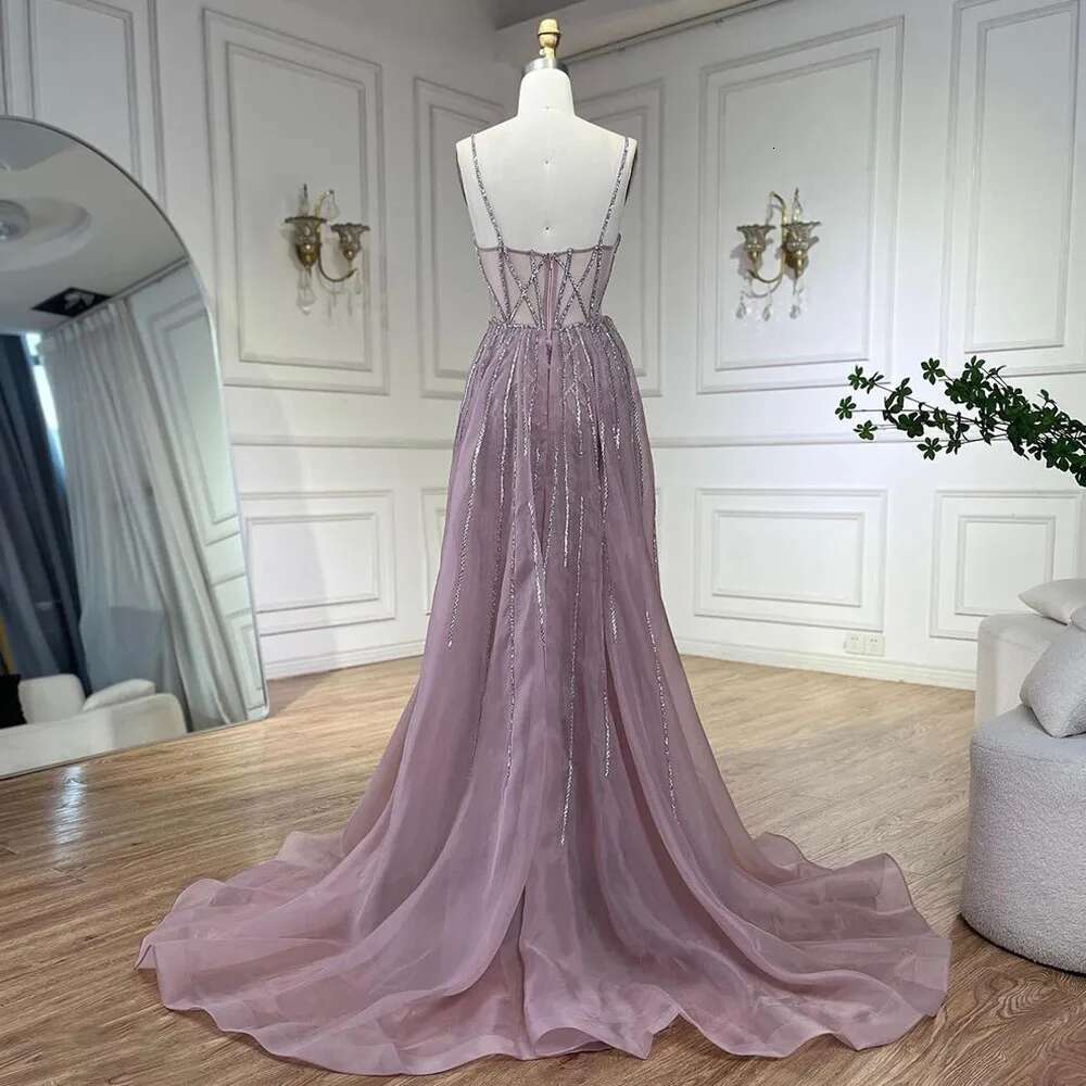 Serene Hill 2024 Arabic Spaghetti Strap Pink Mermaid Overskirt Beaded Evening Dresses Gowns for Women Party
