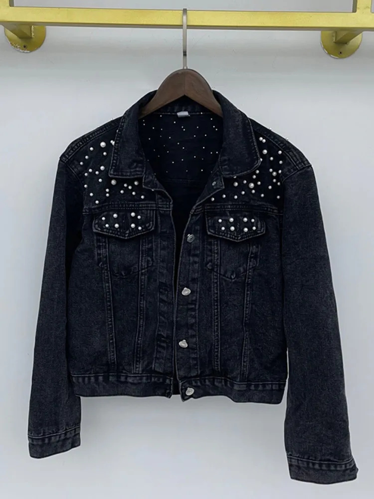 DEAT Fast Delivery Autumn Fashion Womens Denim Jacket Full Set Loose Button Pearl Short Collar Wild Casual AP446 241022