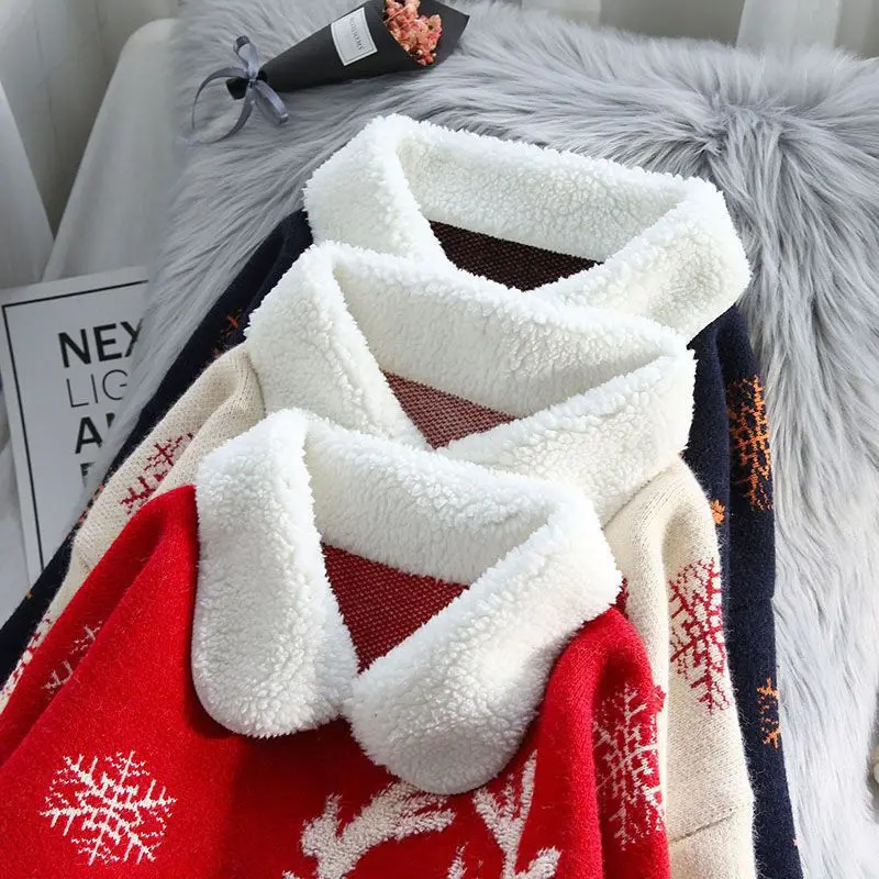 Christmas Cartoon Pullovers Women Clothes Allmatch Printing Turndown Collar Long Sleeve Mid Length Top Autumn Winter Sweater 241021