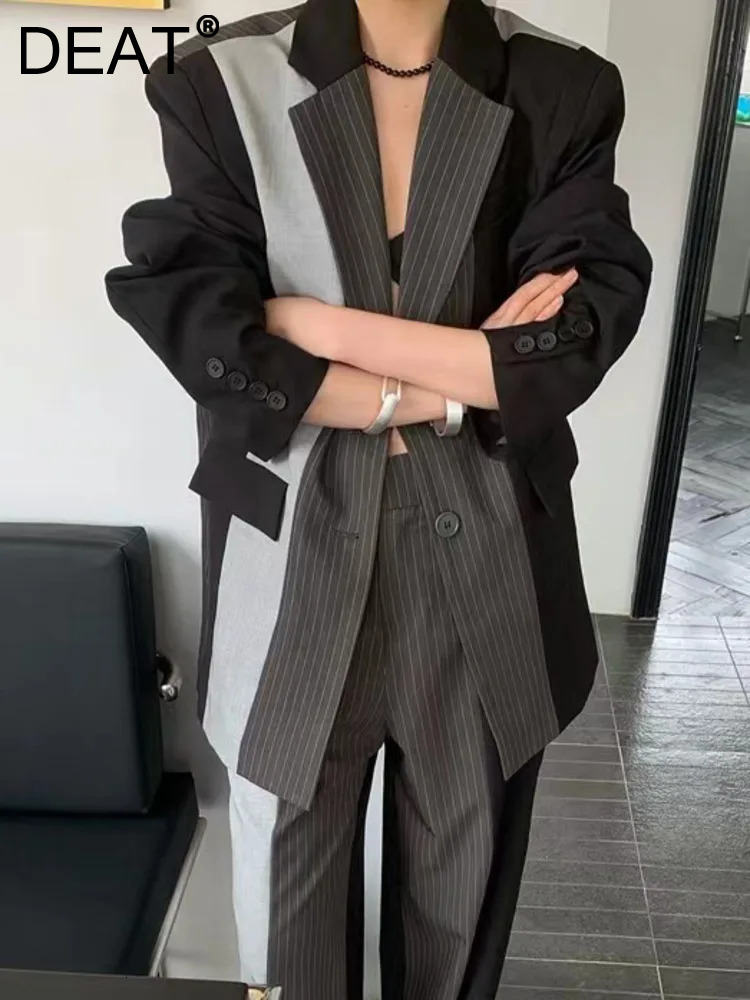 DEAT Fashion Women's Stripe Blazer Notched Single Breasted Pockets Contrast Color Cotton Suit Jackets Summer 2024 New 1Dh5935