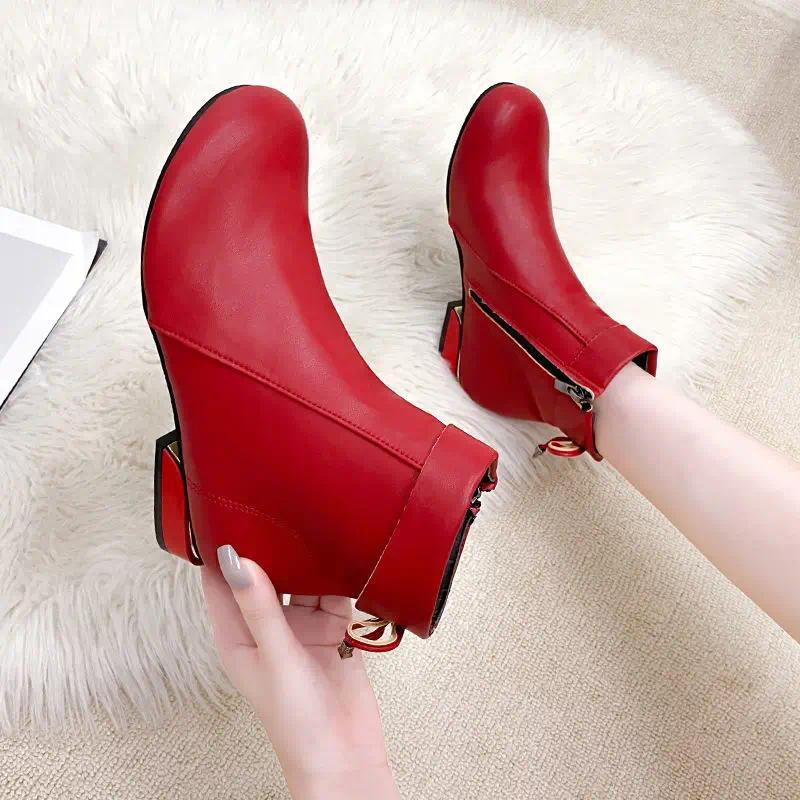 Boots Women Red Nice Soft-soled All-match Round Toe Zip Ankle Fashion Leather Veet Warm Square Heel