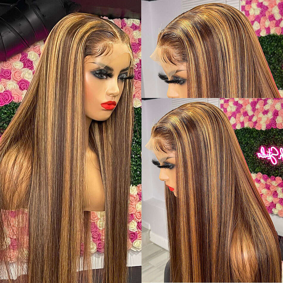 Honey Blonde Wig Straight Front Brazilian Highlight Human Hair Lace Frontal For Women