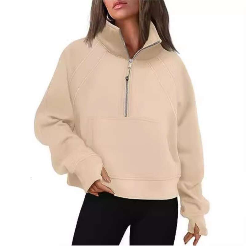 High end s Women Half Zipper Stand Up Collar Solid Sweat Shirt European and American Autumn Winter Y k Plush Loose Short Sweats Top Pluh Looe