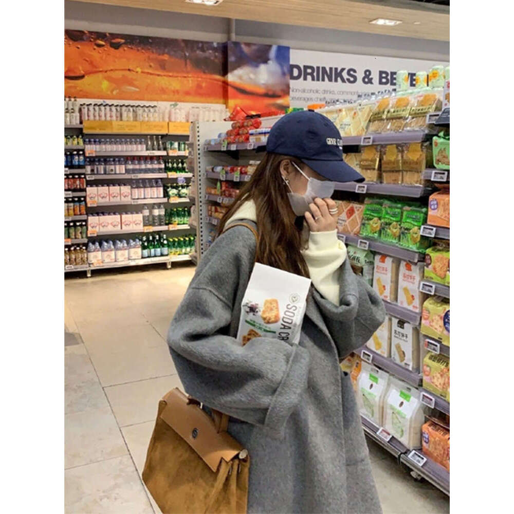 Rose Gray Double-Sided Cashmere New Winter Lace-Up Loose Lapel Natural Wool Coat Long Wool Jacket Women