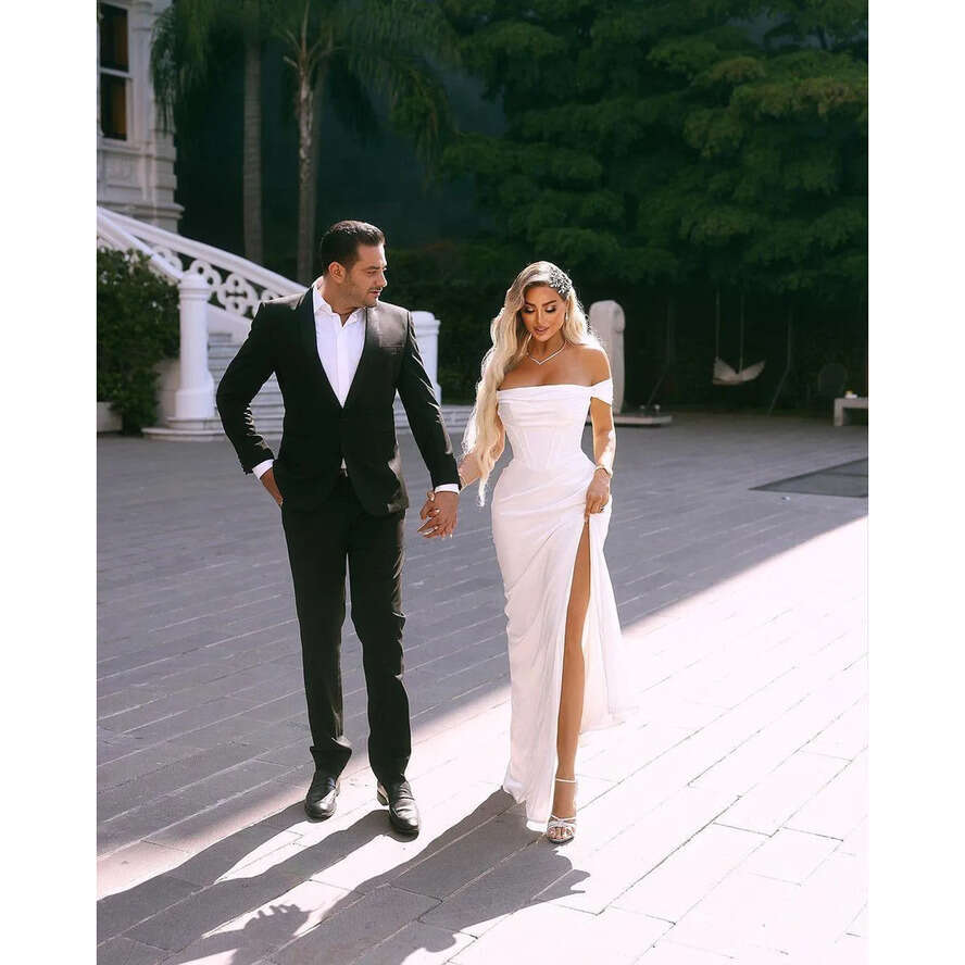 Dresses Evening Elegant Split Off Shoulder Mermaid Arabic White Satin Long Party Ocn Gowns Bridal Robes Bc18081