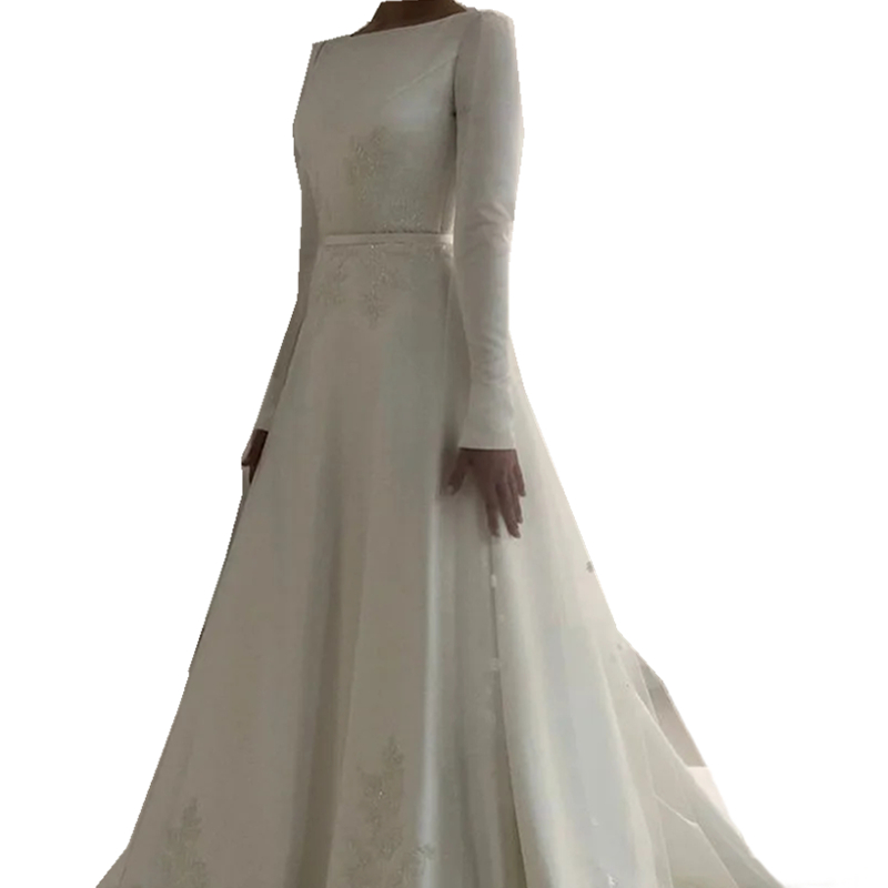Traditional Muslim Satin A-Line Wedding Dresses Embroidery Lace Appliques Long Sleeves High Neck Arabic Dubai Bridal Gowns Court Train White Middle Ea