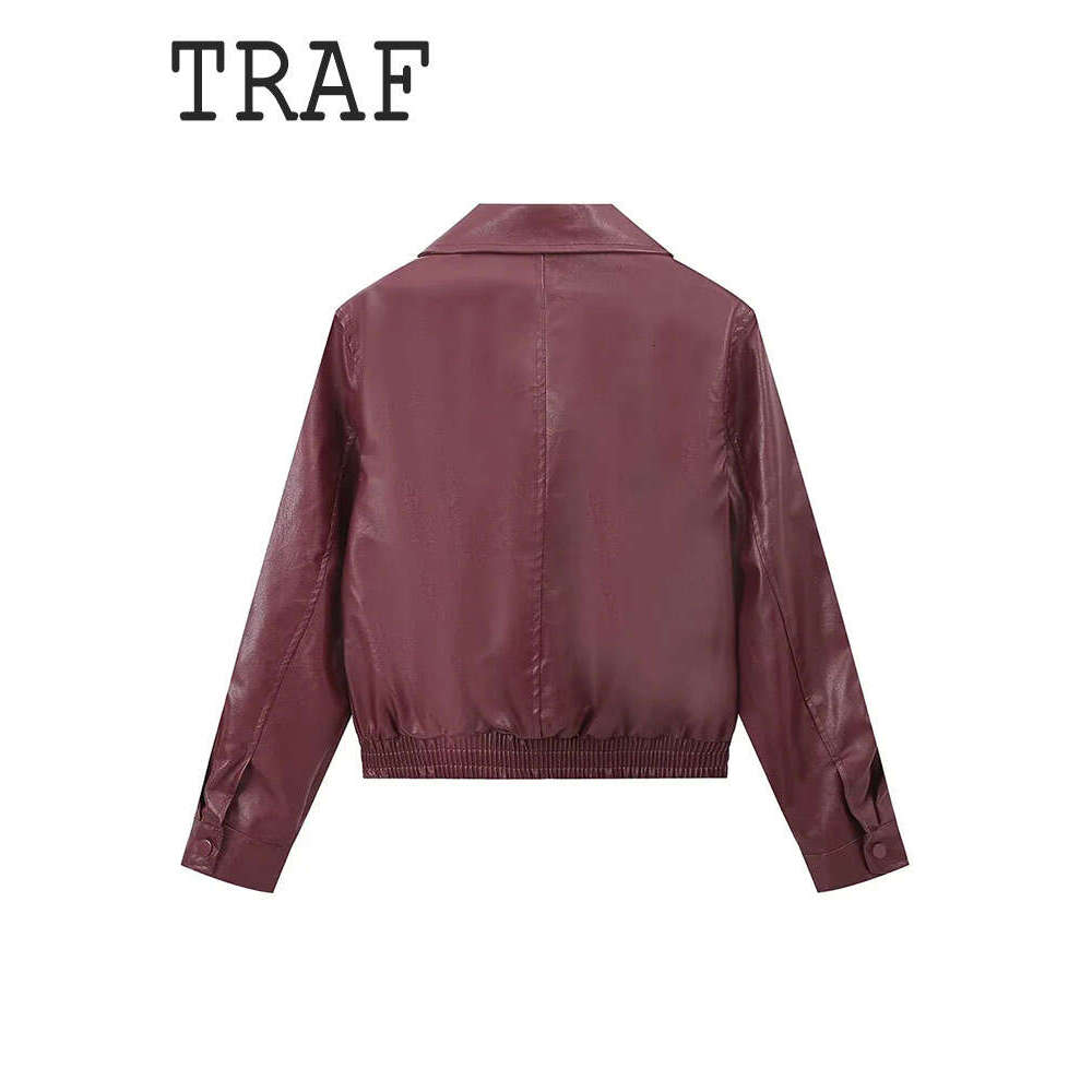 TRAF Casual Leather Solid Color Elastic Hem Short Women Jacket Top Temperament Street Style Women's Clothing