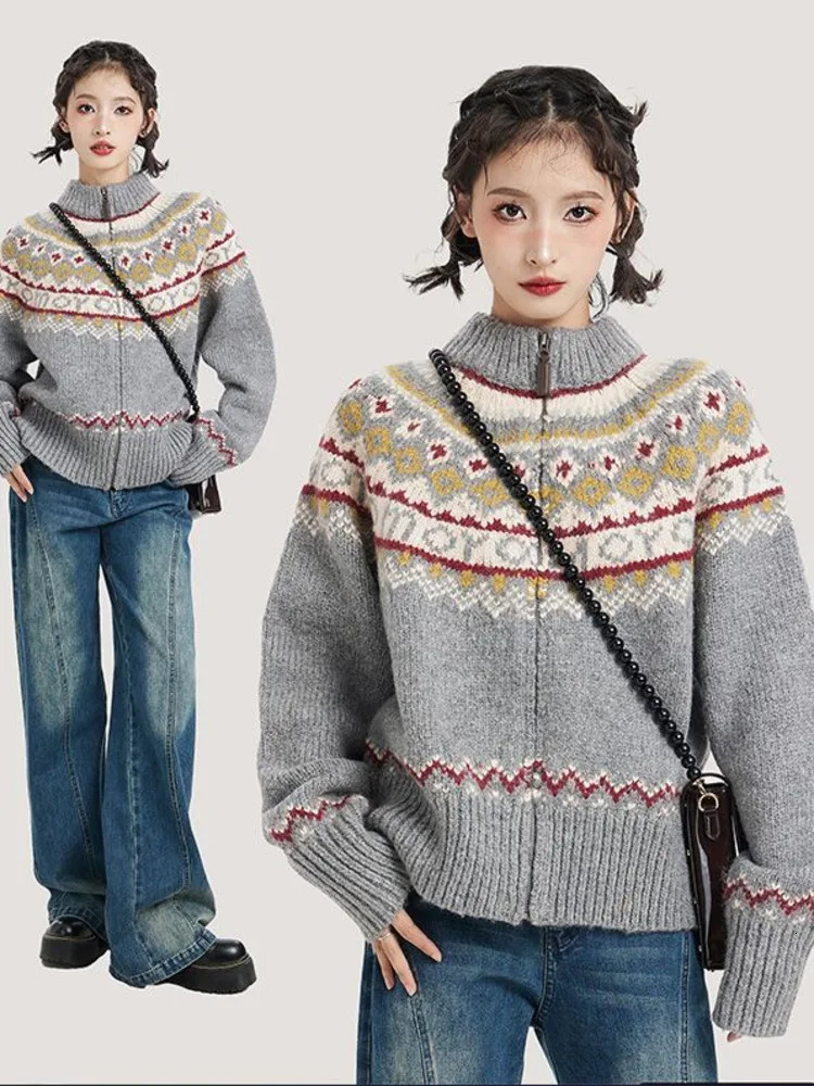 Sweet Christmas Vintage Cardigans Women Harajuku Zipper Grunge Sweaters Loose Streetwear Knitted Coats Y2k Aesthetic 241022