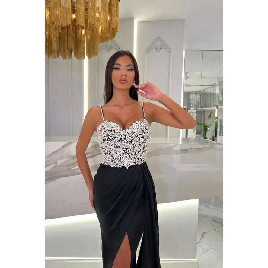 Black Split Light Stunning Evening Dresses Sexy Mermaid Spaghetti Straps Beads Appliques Women Ocn Party Vestidos Prom Gowns Arabic Bc18843