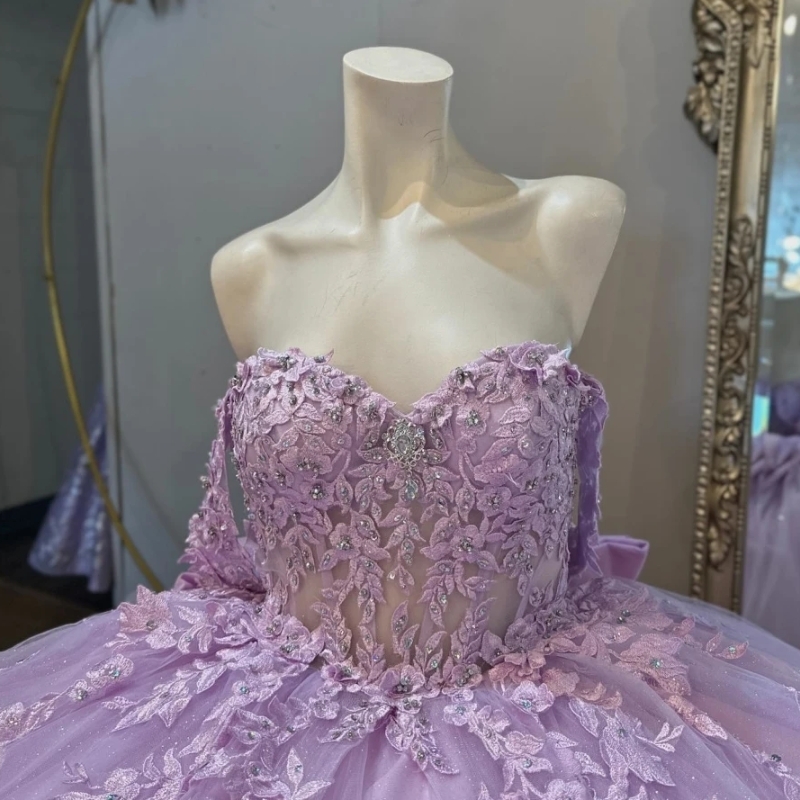 Lilac Shiny Princess Quinceanera Dresses Ball Gown Off The Shoulder Lace Applique Bow Beads Tull Mexian Corset Sweet 16 Dress Vestido De 15 Anos